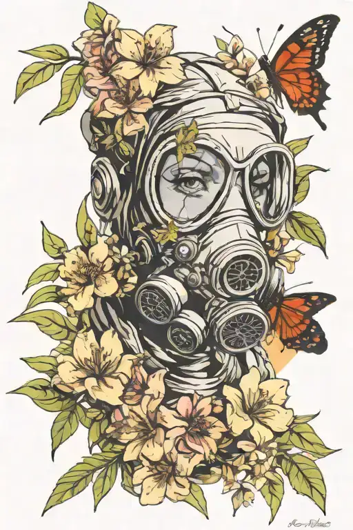 oleanders flower.jasmine flower female figure with gas mask.chamomile flower.bougainvillea.ladybug.cicada. olive tree/le tattoo design idea