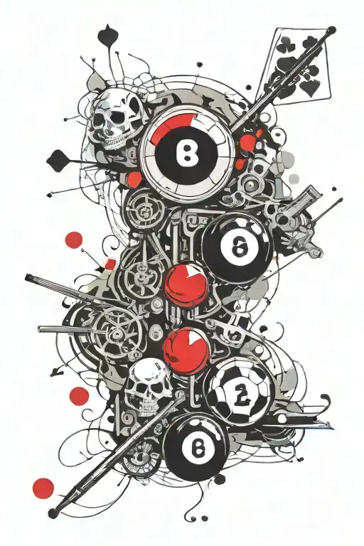 1 date on billiard balls + 1 date on tarot cards, bicycle, skeleton tattoo design idea