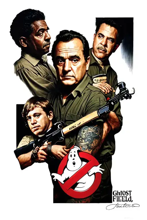 ghost busters, bill murray dan akroyd, hrold ramis, ernie hudson. tatto on leg fully fulfield tattoo design idea