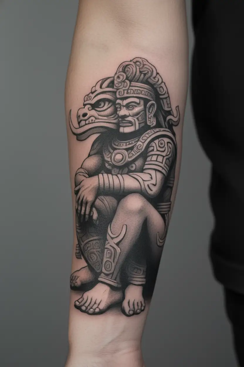 profile of mayan god itzamná sitting cross legged tattoo design idea