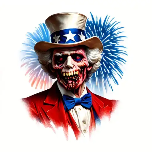 zombified uncle sam with red white blue fireworks tattoo design idea