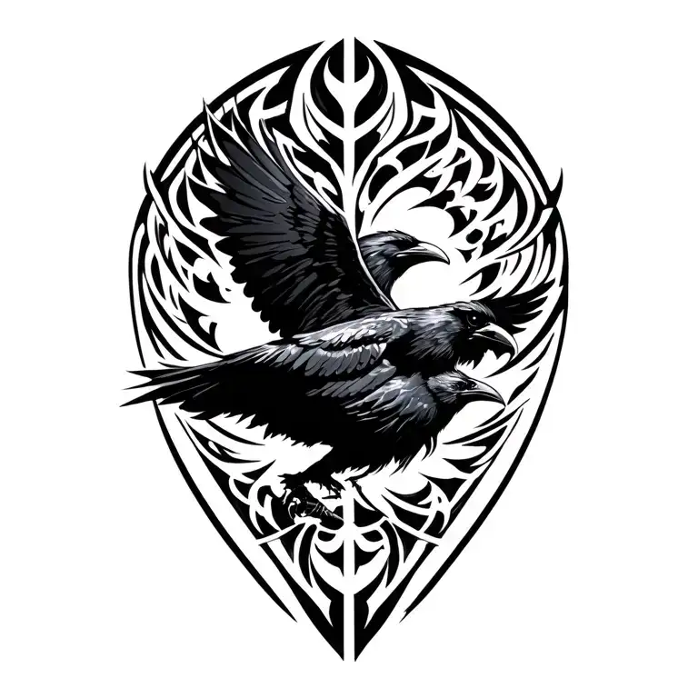Odin’s ravens flying towards tattoo design idea