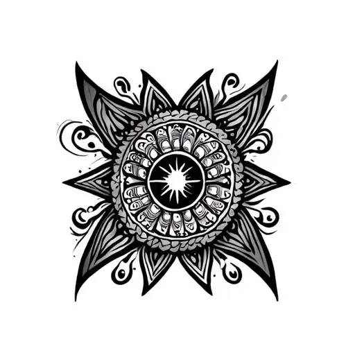 black bold polynesian like tribal tattoo with repeating patterns such as paisleys, plague doctor, mandalas, 8:2 pointed  tattoo design idea