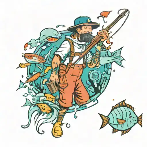 A new-school design featuring a whimsical cartoon fisherman surrounded by family members in a playful and colorful underwater world, with engineering tools subtly integrated into the background tattoo design idea