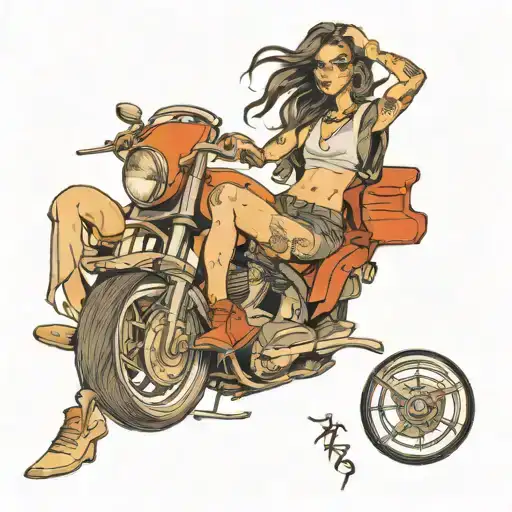 hot girl sittting on old mustang tattoo design idea