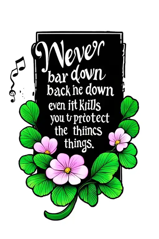 very fancy music clover with the quote never back down even if it kills you to protect the things tattoo design idea