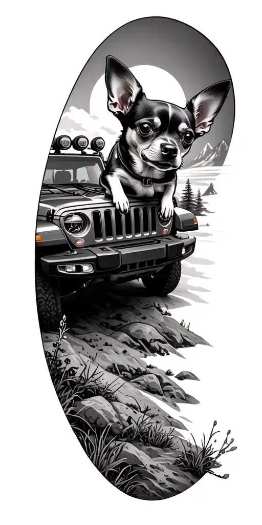 chihuahua driving Jeep wrangler in wilderness tattoo design idea
