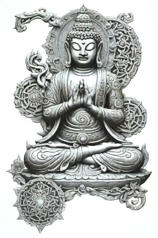 dharmachackra that is carved in stone with other buddhist and zen symbols with stick figures having a festival  tattoo design idea