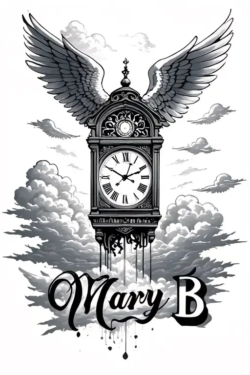 clock 10:20 with wings flying into heaven with clouds with Mary B in cursive below tattoo design idea