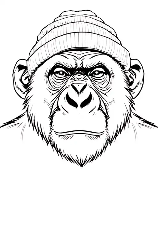 serious-looking chimpanzee with beanie. eyes are narrowed, and its expression appears tough or unimpressed tattoo design idea