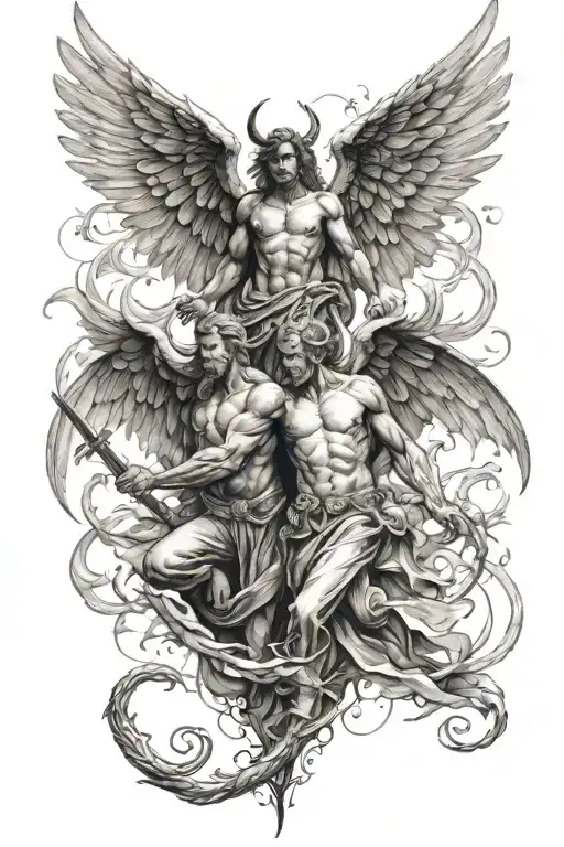 make a tattoo design for an arm sleeve about the fight between good and evil represented with angels and demons tattoo design idea