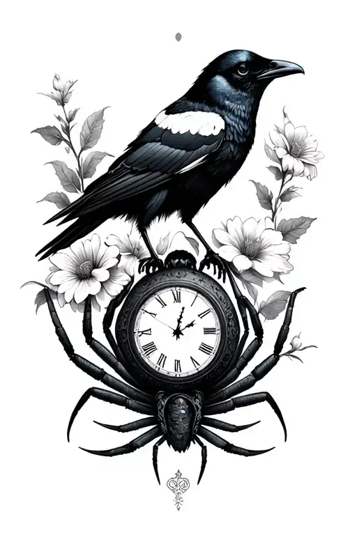 crow skull, black widow spider, higanbana flower, sand clock tattoo design idea