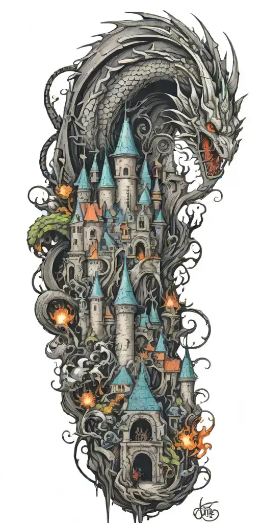 A fantasy scene with a castle, a dragon, a knight helmet and a wizard tattoo design idea