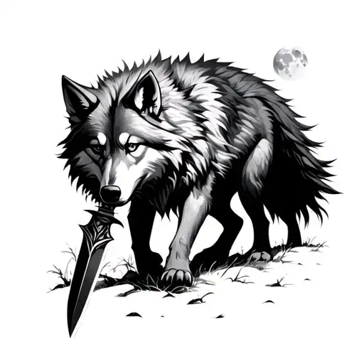 lone wolf walking through forest under moonlight Greatsword dark souls tattoo design idea