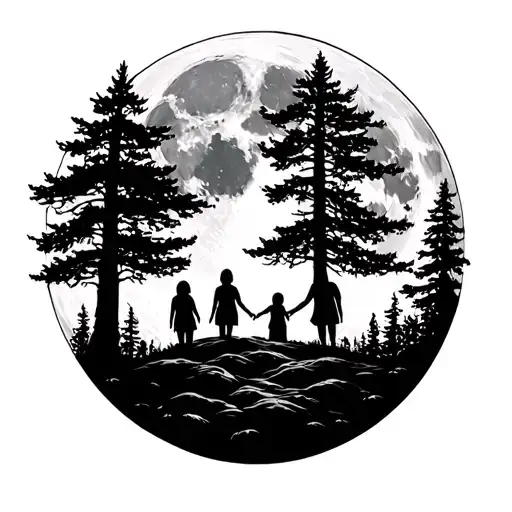 "with full moon and 3 siblings " forest scene tattoo design idea