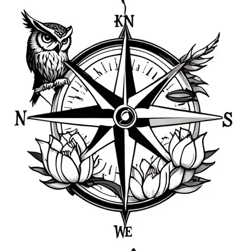 Compass with owl symbol in north, lion head in south, justice scale in west and lotus flower in east tattoo design idea