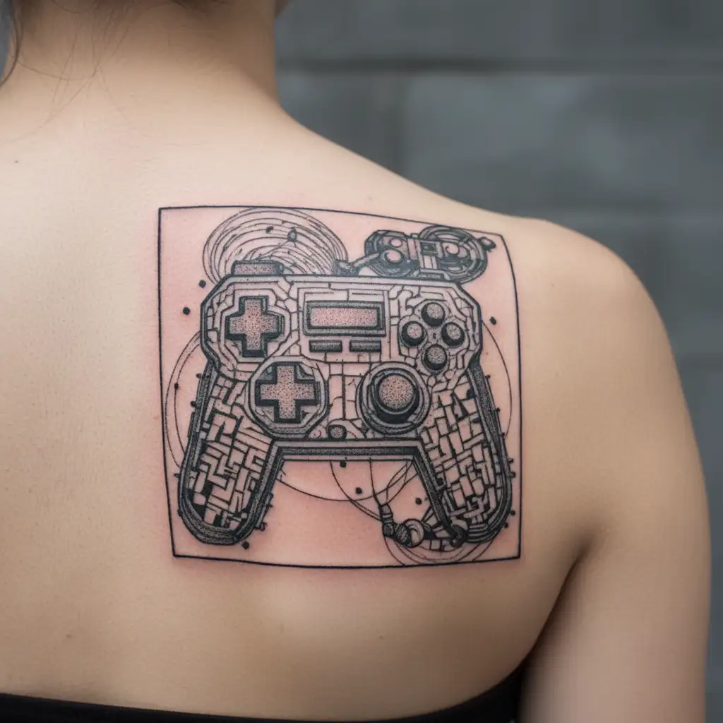 A pixelated arcade game controller intertwined with guitar strings tattoo design idea
