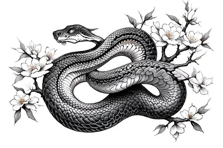 sakura tree with snake tattoo design idea