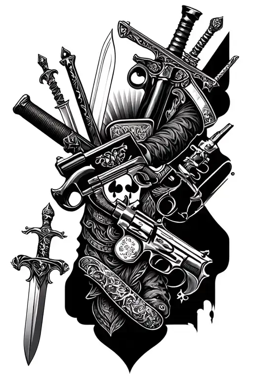 An intricate sleeve design showcasing various weapons like swords, guns, and knives, with a subtle hint of casino elements tattoo design idea