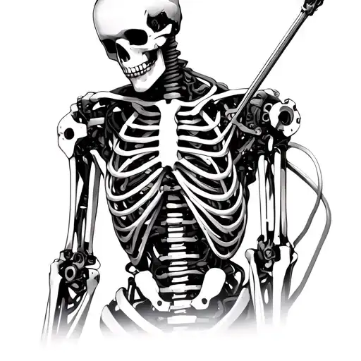 Monochrome technical illustration. The torso of a cyborg skeleton assembled from gears, wires and hydraulics. In the hand - a rod tattoo design idea