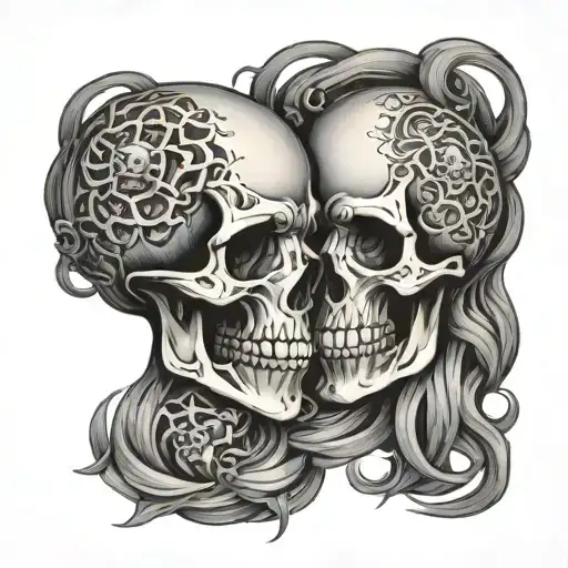 gemini skulls facing each other one good and other evil tattoo design idea