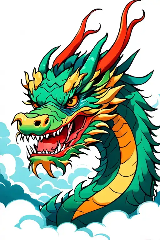 traditional Japanese dragon head emerging through clouds tattoo design idea