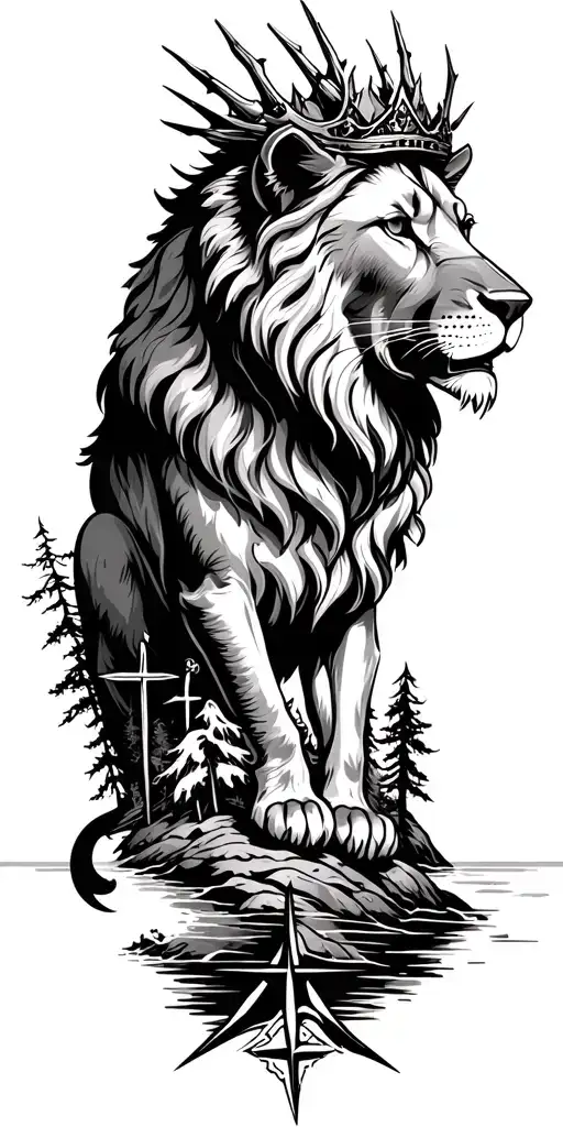 lion with thorn crown, mountains, lake, trees, christian / cross, compass,  dog, beach tattoo design idea