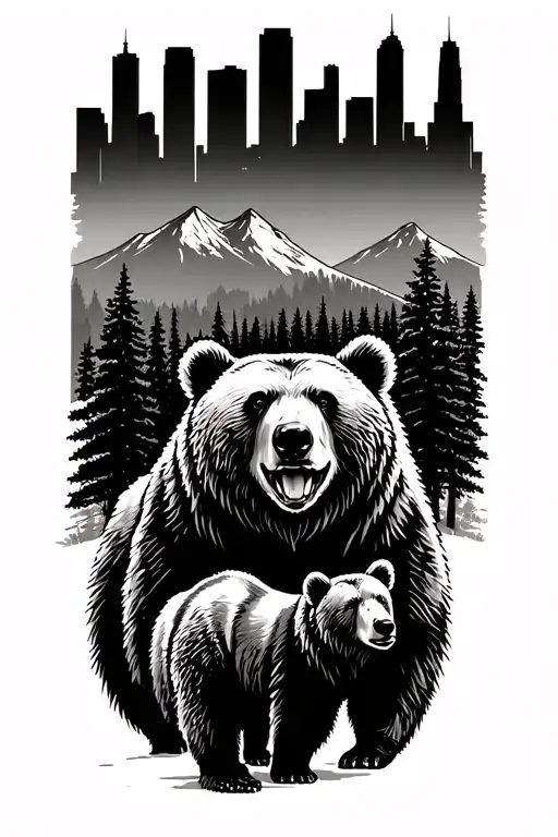 grizzly bear and a cub in the mountains where the trees transition to the Chicago skyline at the top tattoo design idea
