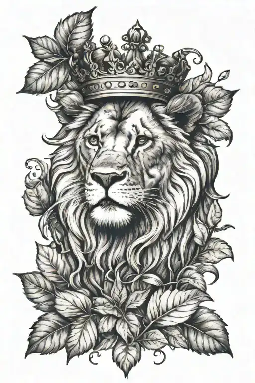 lion with scar and crown with leaves growing tattoo design idea