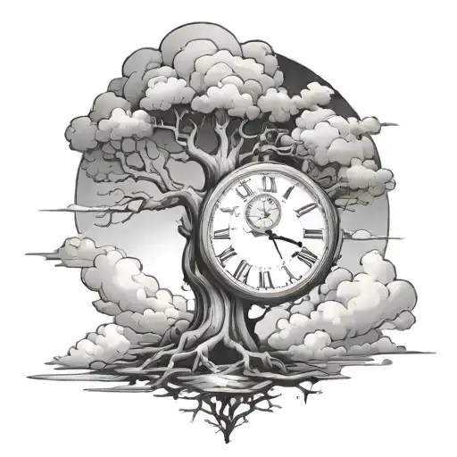 posion tree, stop watch, clouds surrounding tree of knowledge tattoo design idea