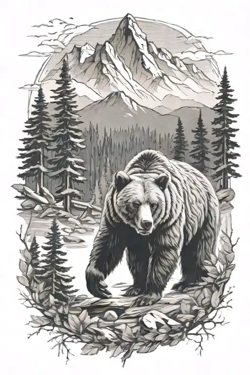 grizzly bear, mountains and trees  tattoo design idea