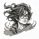 A young wizard wearing round glasses, with messy black hair and a faint lightning-shaped scar on his forehead.  tattoo design idea