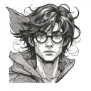 A young wizard wearing round glasses, with messy black hair and a faint lightning-shaped scar on his forehead.  tattoo design idea