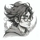 A young wizard wearing round glasses, with messy black hair and a faint lightning-shaped scar on his forehead.  tattoo design idea