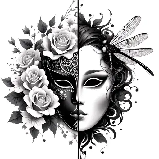 gothic mask split in half with dragonfly perched, roses and cherry blossoms tattoo design idea