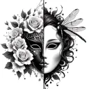 gothic mask split in half with dragonfly perched, roses and cherry blossoms tattoo design idea