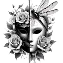 gothic mask split in half with dragonfly perched, roses and cherry blossoms tattoo design idea