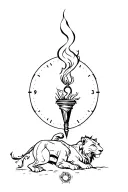 man, mountain, lion, torch, time, perseverance, effort, courage, power, elegance, knowledge tattoo design idea