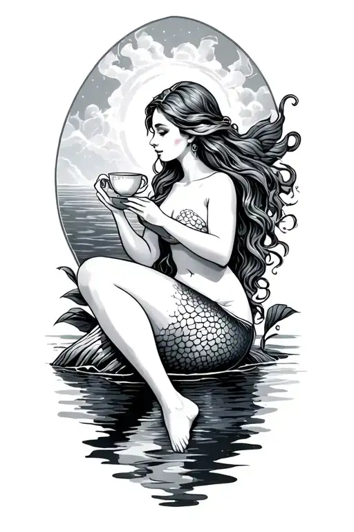 mermaid sitting on a rock, sipping a cup of tea tattoo design idea