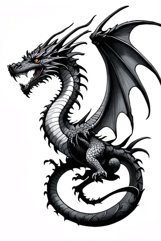 dragon with wings facing a crescent moon, simple tattoo design idea