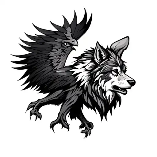 eagle, wolf and lion in tribal style tattoo design idea