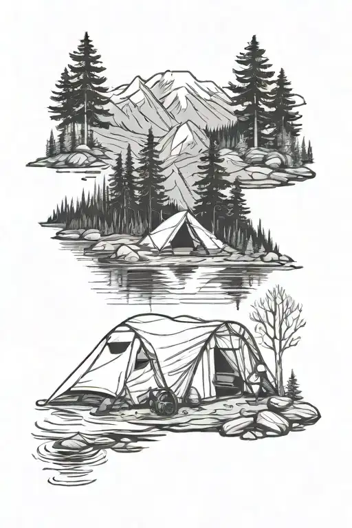 Camping and Fishing with Canadian Shield landscape. No mountains. Include tent and fishing. tattoo design idea