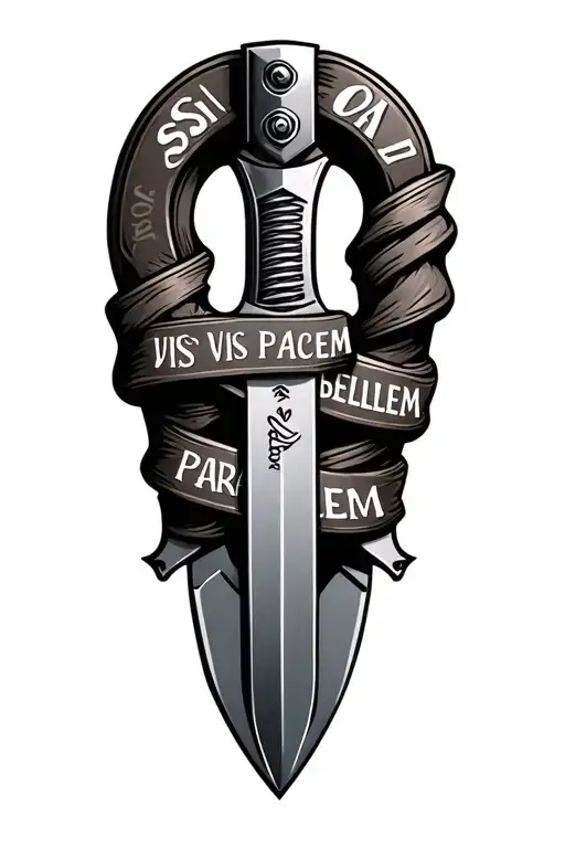 a realistic marine corps k bar knife with the phrase "si vis pacem para bellem" wrapped around it  tattoo design idea