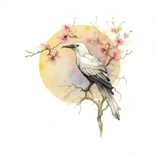 White raven, black raven, moon, branch, chrysanthemum tattoo design idea
