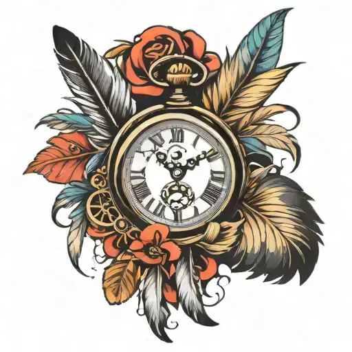 fob watch and feathers  tattoo design idea