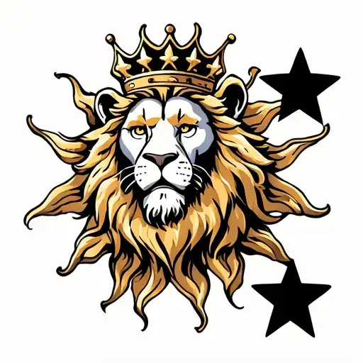 3 star in a sun with lion wearing a crown tattoo design idea
