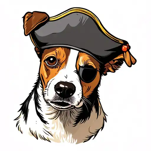 Sailor Jerry Style jack russel dog, only the face, wearing a pirate hat and it has an eye patch on its left eye tattoo design idea