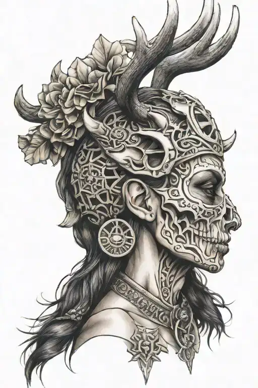 A warrior woman's face wearing a deer skull on her head tattoo design idea