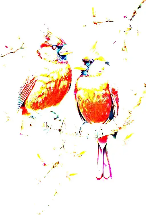 Tattoo design of two cardinals perched on a single akebono cherry blossom branch, facing each other in an intimate pose tattoo design idea