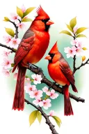 Tattoo design of two cardinals perched on a single akebono cherry blossom branch, facing each other in an intimate pose tattoo design idea